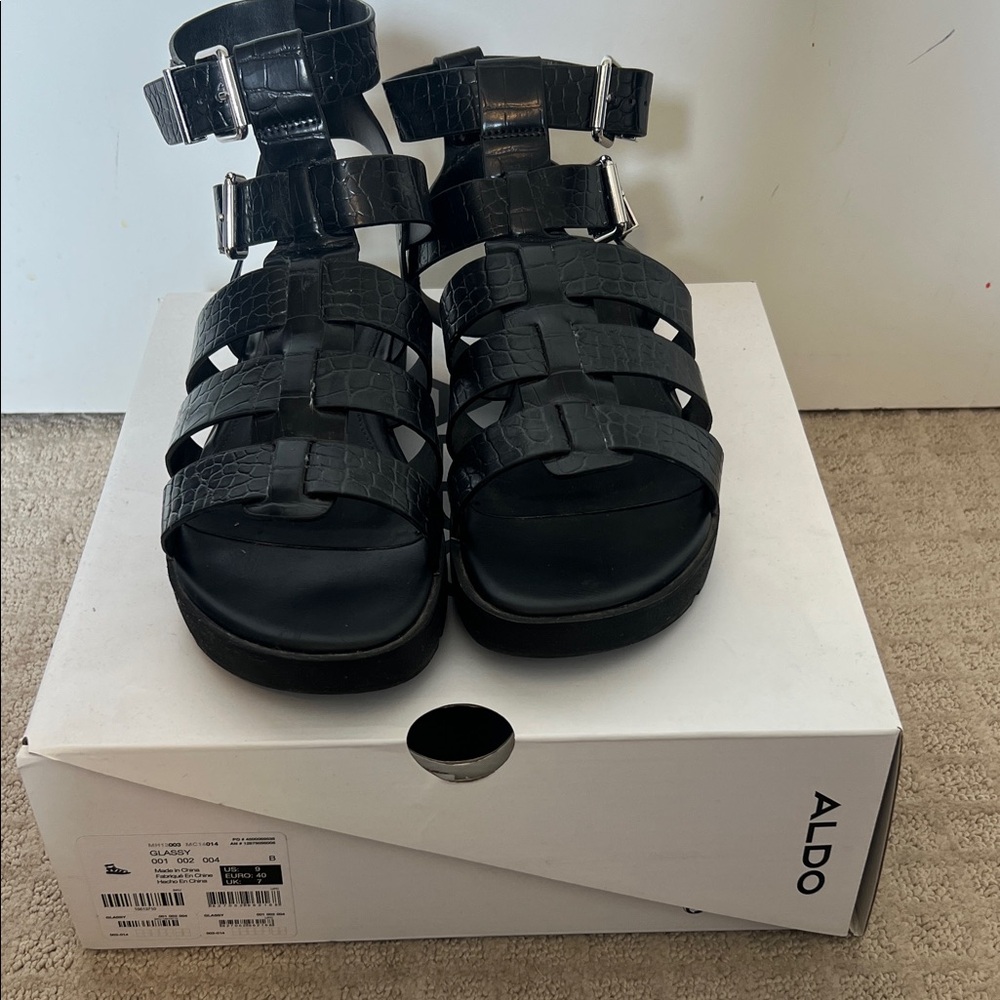 Aldo Black Croc-Embossed Sandals